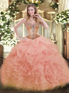 Luxury Sweetheart Sleeveless Sweet 16 Dresses Floor Length Beading and Ruffles and Pick Ups Peach Organza