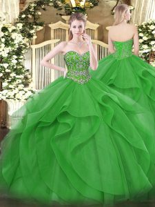 Luxury Floor Length Lace Up Quinceanera Dress Green for Military Ball and Sweet 16 and Quinceanera with Beading and Ruffles