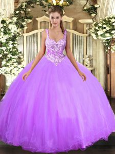 Luxury Lavender Lace Up Quince Ball Gowns Beading Sleeveless Floor Length