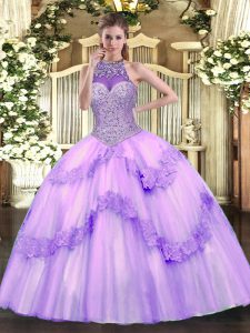New Style Halter Top Sleeveless Tulle 15th Birthday Dress Beading and Appliques Lace Up