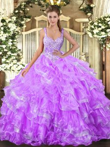 Lilac Sleeveless Beading and Ruffled Layers Floor Length Quinceanera Gowns