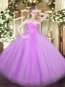 Clearance Lilac Tulle Zipper Quince Ball Gowns Sleeveless Floor Length Beading and Lace