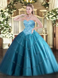 Cheap Teal Lace Up Sweetheart Appliques Quinceanera Gown Tulle Sleeveless
