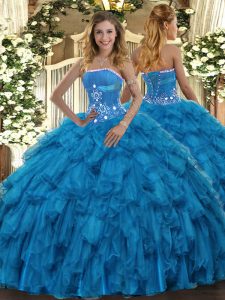 Baby Blue Sleeveless Floor Length Beading and Ruffles Lace Up 15 Quinceanera Dress