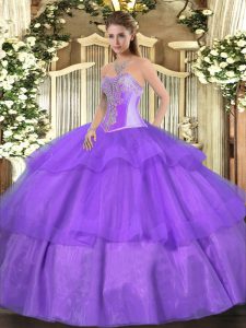Floor Length Lavender Quinceanera Gowns Tulle Sleeveless Beading and Ruffled Layers