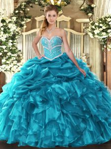 Glamorous Teal Sleeveless Floor Length Beading and Ruffles and Pick Ups Lace Up Vestidos de Quinceanera