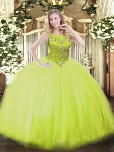 Suitable Yellow Green Ball Gowns Scoop Sleeveless Tulle Floor Length Zipper Beading Sweet 16 Dresses