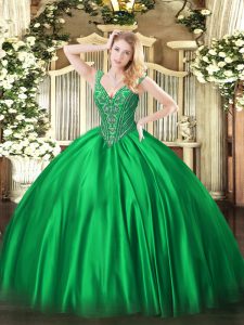 Superior Green Ball Gowns Satin V-neck Sleeveless Beading Floor Length Lace Up Quince Ball Gowns