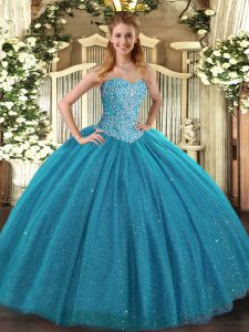 Fantastic Floor Length Teal Quinceanera Gown Tulle Sleeveless Beading