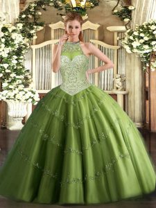 Discount Olive Green Sleeveless Beading and Appliques Floor Length Quince Ball Gowns