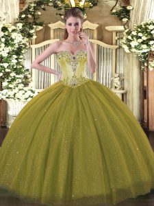 Suitable Olive Green Sleeveless Floor Length Beading Lace Up Vestidos de Quinceanera