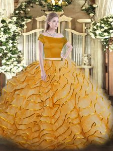 Top Selling Orange Two Pieces Tulle Off The Shoulder Short Sleeves Appliques and Ruffled Layers Zipper Quinceanera Dress Brush Train