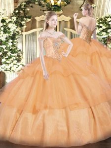 Beading and Ruffled Layers Sweet 16 Dresses Orange Lace Up Sleeveless Floor Length