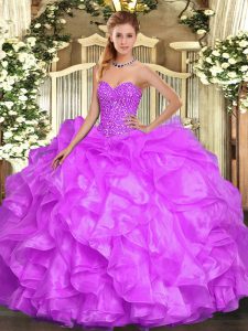 Sweetheart Sleeveless Organza Quinceanera Dress Beading and Ruffles Lace Up