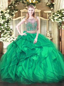 Wonderful Turquoise Quince Ball Gowns Military Ball and Sweet 16 and Quinceanera with Beading and Ruffles Scoop Sleeveless Lace Up