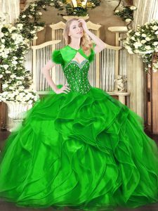 Modest Green Lace Up Quinceanera Dress Beading and Ruffles Sleeveless Floor Length