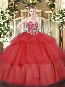 Sweetheart Sleeveless Lace Up Ball Gown Prom Dress Red Organza