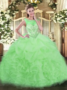 Apple Green Sleeveless Beading and Ruffles Lace Up Quince Ball Gowns