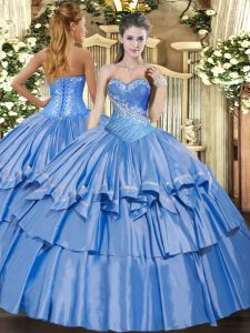 Baby Blue Quince Ball Gowns Military Ball and Sweet 16 and Quinceanera with Beading and Ruffles Sweetheart Sleeveless Lace Up
