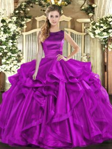 Purple Ball Gowns Organza Scoop Sleeveless Ruffles Floor Length Lace Up Ball Gown Prom Dress