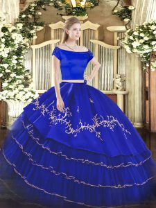 Most Popular Floor Length Royal Blue Quinceanera Dress Organza and Taffeta Short Sleeves Embroidery and Ruffled Layers