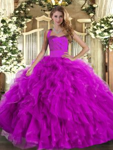Modern Ball Gowns Vestidos de Quinceanera Fuchsia Halter Top Tulle Sleeveless Floor Length Lace Up