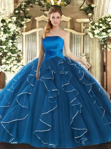 Blue Ball Gowns Strapless Sleeveless Tulle Floor Length Lace Up Ruffles Quinceanera Gowns