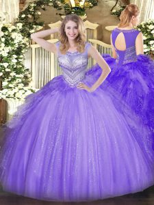 Romantic Lavender Tulle Lace Up Quinceanera Gown Sleeveless Floor Length Beading