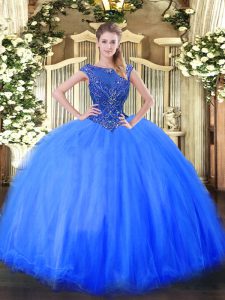 Custom Made Blue Cap Sleeves Tulle Zipper Quinceanera Dress for Sweet 16 and Quinceanera