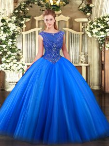 Perfect Royal Blue Tulle Zipper 15th Birthday Dress Sleeveless Floor Length Beading and Appliques