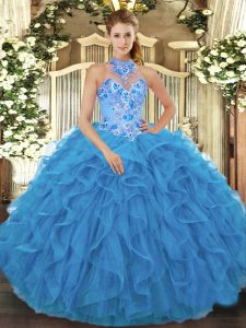 Pretty Organza Halter Top Sleeveless Lace Up Beading and Embroidery and Ruffles Sweet 16 Quinceanera Dress in Baby Blue
