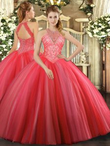 Dazzling Floor Length Coral Red Sweet 16 Dress High-neck Sleeveless Lace Up