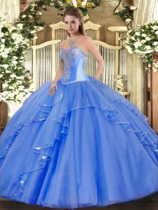 Noble Blue Quince Ball Gowns Military Ball and Sweet 16 and Quinceanera with Beading and Ruffles Sweetheart Sleeveless Lace Up