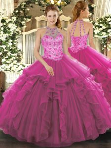 Modern Fuchsia Halter Top Lace Up Beading Sweet 16 Dresses Sleeveless