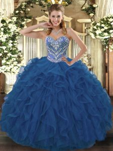 Superior Blue Sweetheart Lace Up Beading and Ruffled Layers Sweet 16 Quinceanera Dress Sleeveless