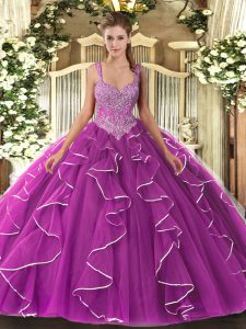 Glorious Ball Gowns Quinceanera Gowns Fuchsia Straps Tulle Sleeveless Floor Length Lace Up