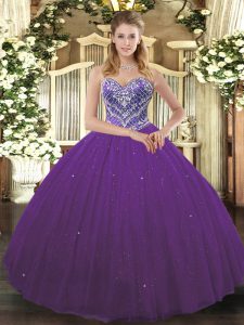 Cheap Tulle Sweetheart Sleeveless Lace Up Beading Sweet 16 Dresses in Purple