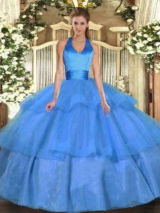 Best Selling Sleeveless Tulle Floor Length Lace Up 15 Quinceanera Dress in Baby Blue with Ruffled Layers
