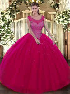 Custom Fit Floor Length Hot Pink Sweet 16 Dresses Scoop Sleeveless Backless