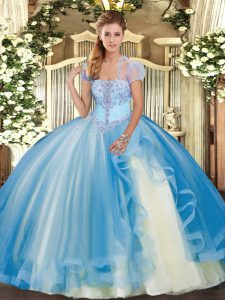 High Quality Baby Blue Sleeveless Tulle Lace Up Ball Gown Prom Dress for Military Ball and Sweet 16 and Quinceanera