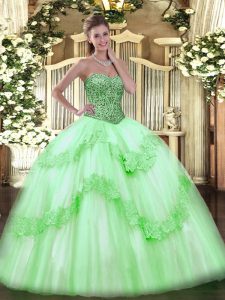 Tulle Lace Up Sweetheart Sleeveless Floor Length 15th Birthday Dress Beading and Appliques and Ruffles