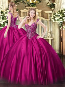 Sumptuous Fuchsia Ball Gowns V-neck Sleeveless Satin Floor Length Lace Up Beading Quinceanera Gown