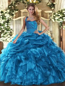 Organza Halter Top Sleeveless Lace Up Ruffles and Pick Ups Sweet 16 Quinceanera Dress in Baby Blue