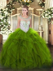 Green Sleeveless Floor Length Beading and Ruffles Zipper 15 Quinceanera Dress