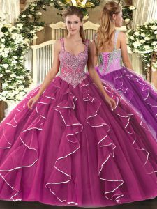 Dazzling Floor Length Lace Up Quinceanera Dress Fuchsia for Military Ball and Sweet 16 and Quinceanera with Beading
