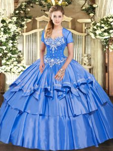 Baby Blue Quince Ball Gowns Military Ball and Sweet 16 and Quinceanera with Beading and Ruffled Layers Sweetheart Sleeveless Lace Up