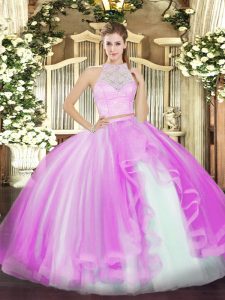 Dramatic Lilac Tulle Zipper Sweet 16 Quinceanera Dress Sleeveless Floor Length Lace and Ruffles