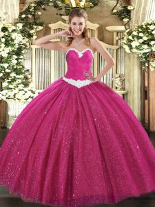 Fashion Hot Pink Quinceanera Dress Military Ball and Sweet 16 and Quinceanera with Appliques Sweetheart Sleeveless Lace Up