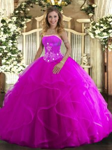 Glorious Ball Gowns Quinceanera Gowns Fuchsia Strapless Tulle Sleeveless Floor Length Lace Up