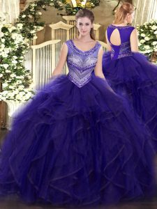 Stunning Organza and Tulle Scoop Sleeveless Lace Up Beading and Ruffles 15 Quinceanera Dress in Purple